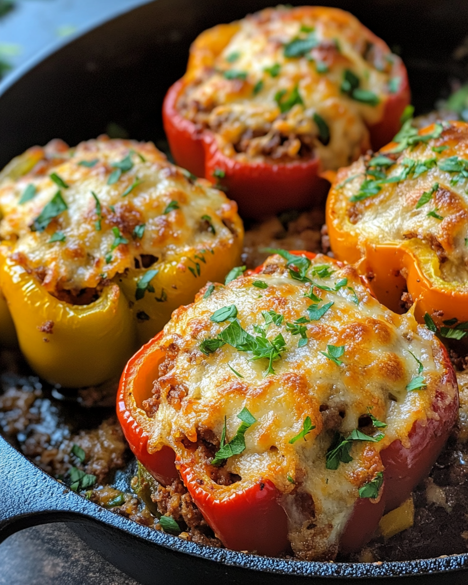 Fresh chopped ingredients for pressure cooker stuffed peppers including beef, garlic, bell peppers, and rice