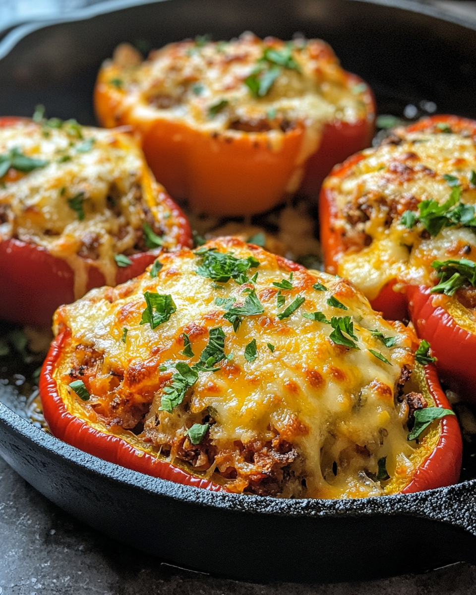 Finished pressure cooker stuffed peppers served in skillet with melted cheese on top