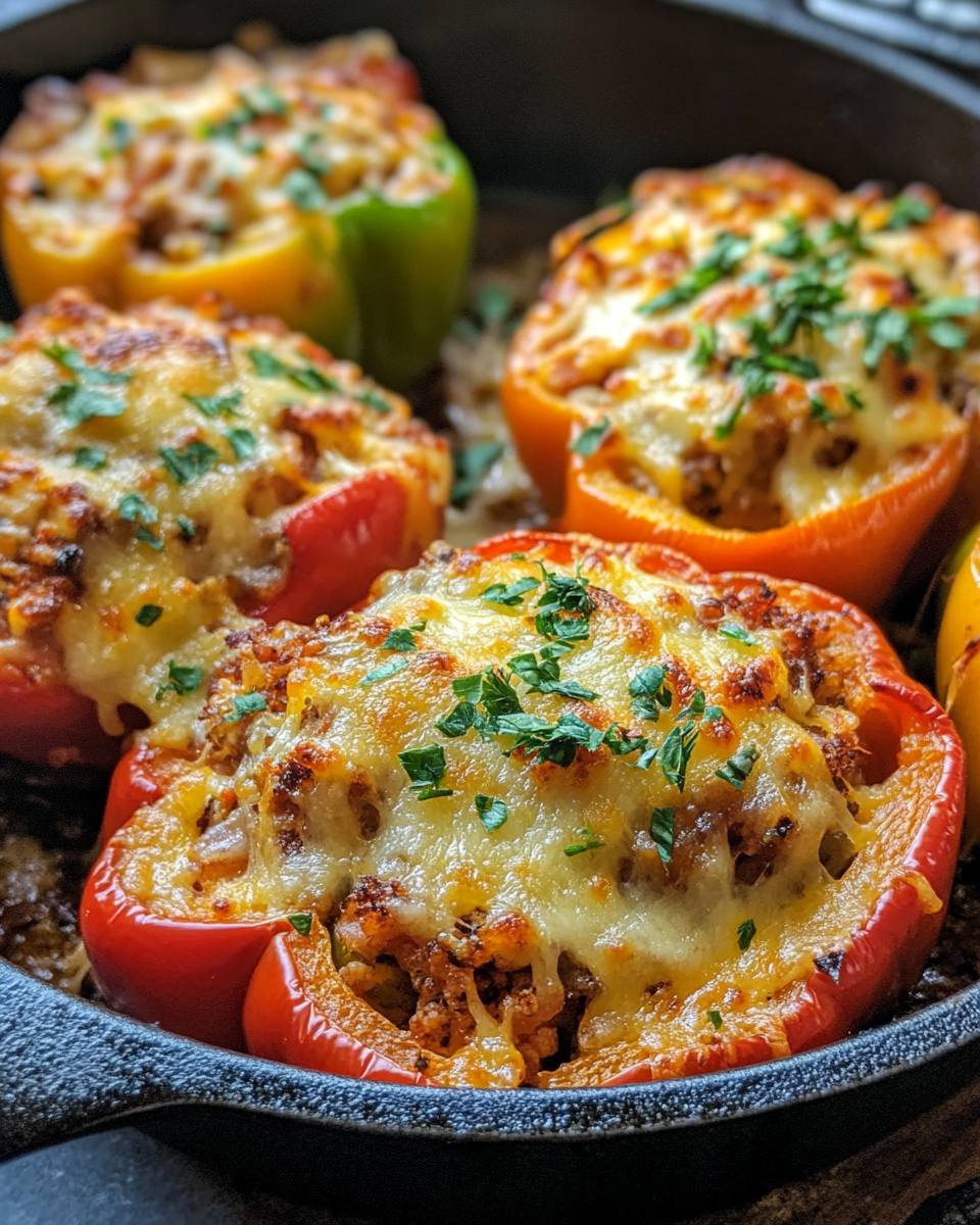 Skillet filled with cooked stuffed peppers fresh from pressure cooker