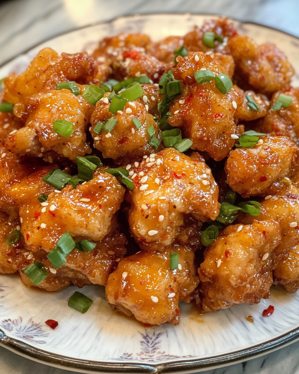 Finished hot honey pepper chicken served on white rice