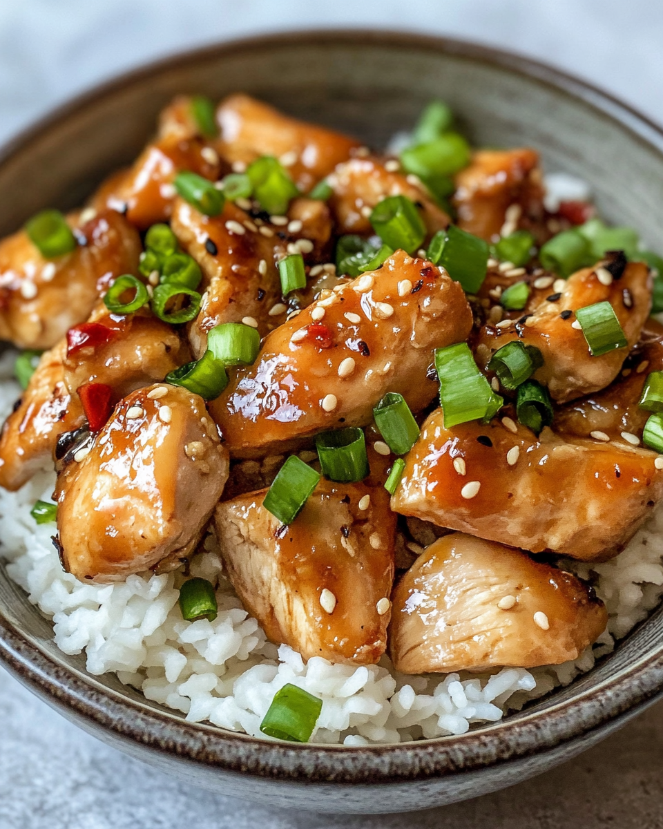 Finished sweet Hawaiian crockpot chicken served with rice on plate