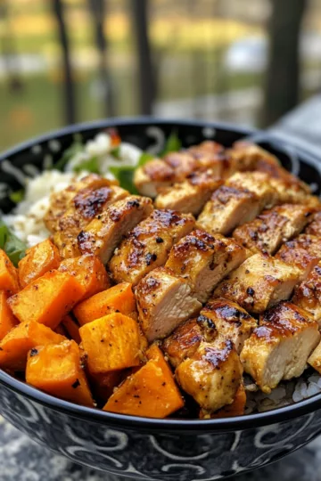 Tasty Maple Dijon Chicken & Sweet Potato Bowls taken with iphone 15 pro max --iw 2 --ar 4:5 --v 6.1 --raw