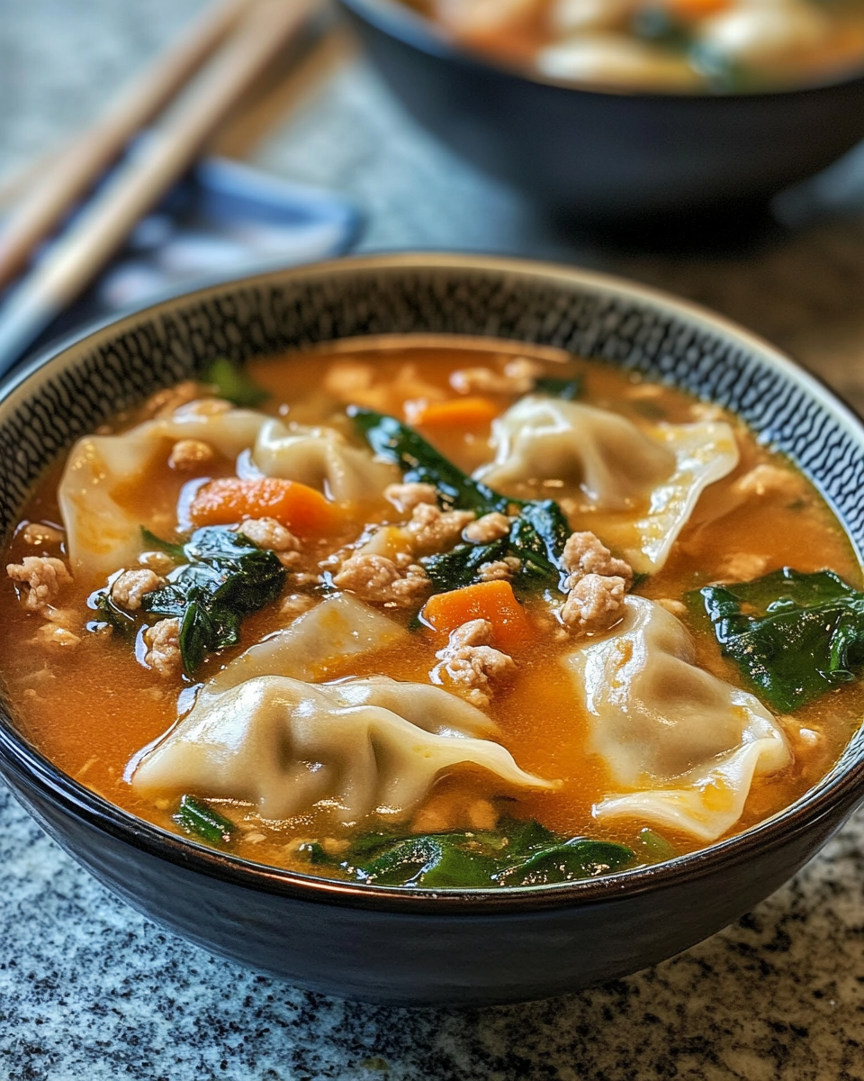 Frozen potstickers added to Thai red curry soup last step