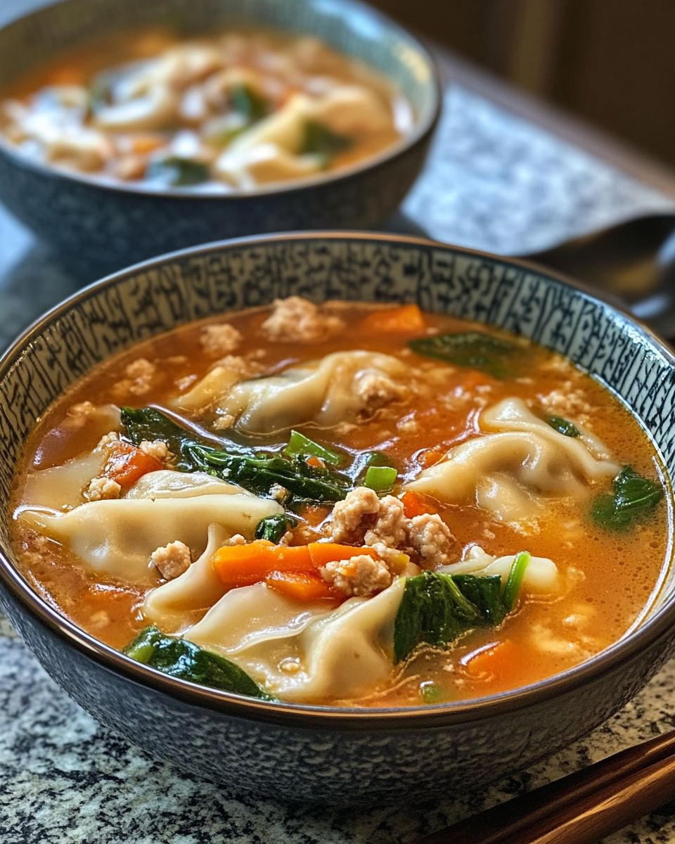 Potstickers cooking in creamy coconut red curry broth in pressure cooker