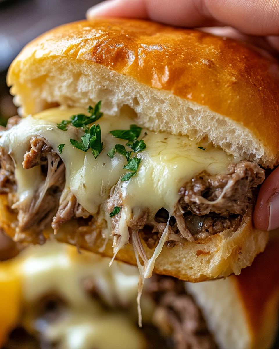 Finished delicious French dip sandwich with melted cheese and broth for dipping