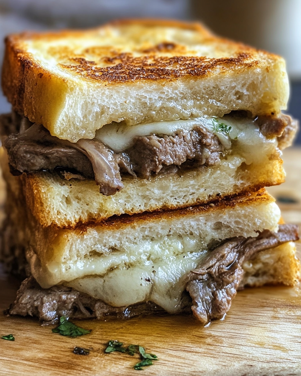 Ingredients for garlic bread French dip including garlic toast, roast beef, provolone cheese, and Au Jus seasoning