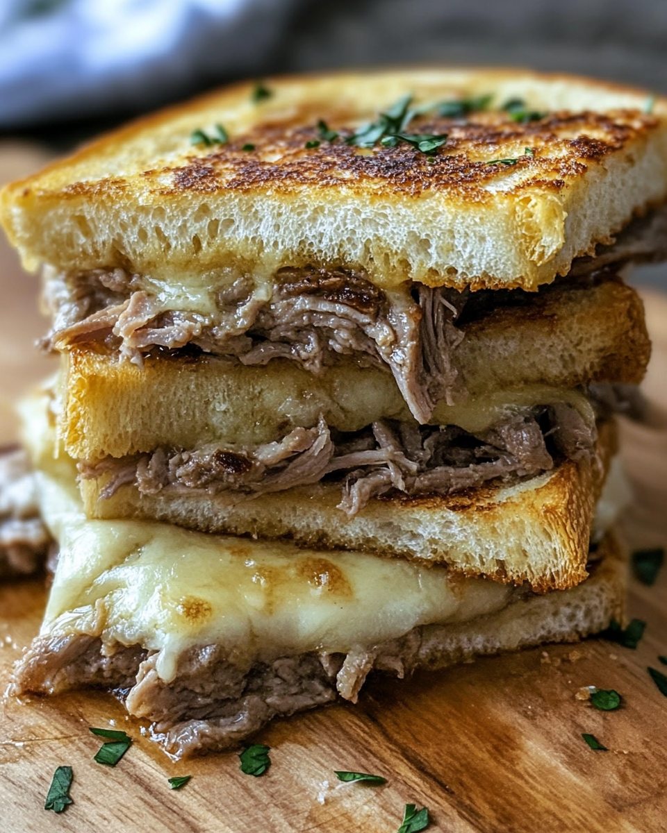 Close-up of finished garlic bread French dip with melted cheese, roast beef, parsley, and dipping Au Jus gravy