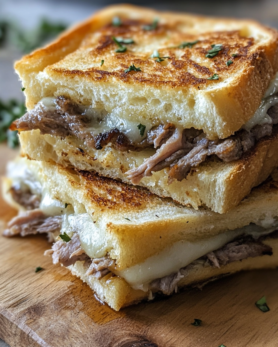 Golden garlic bread toasts topped with roast beef and melted provolone cheese