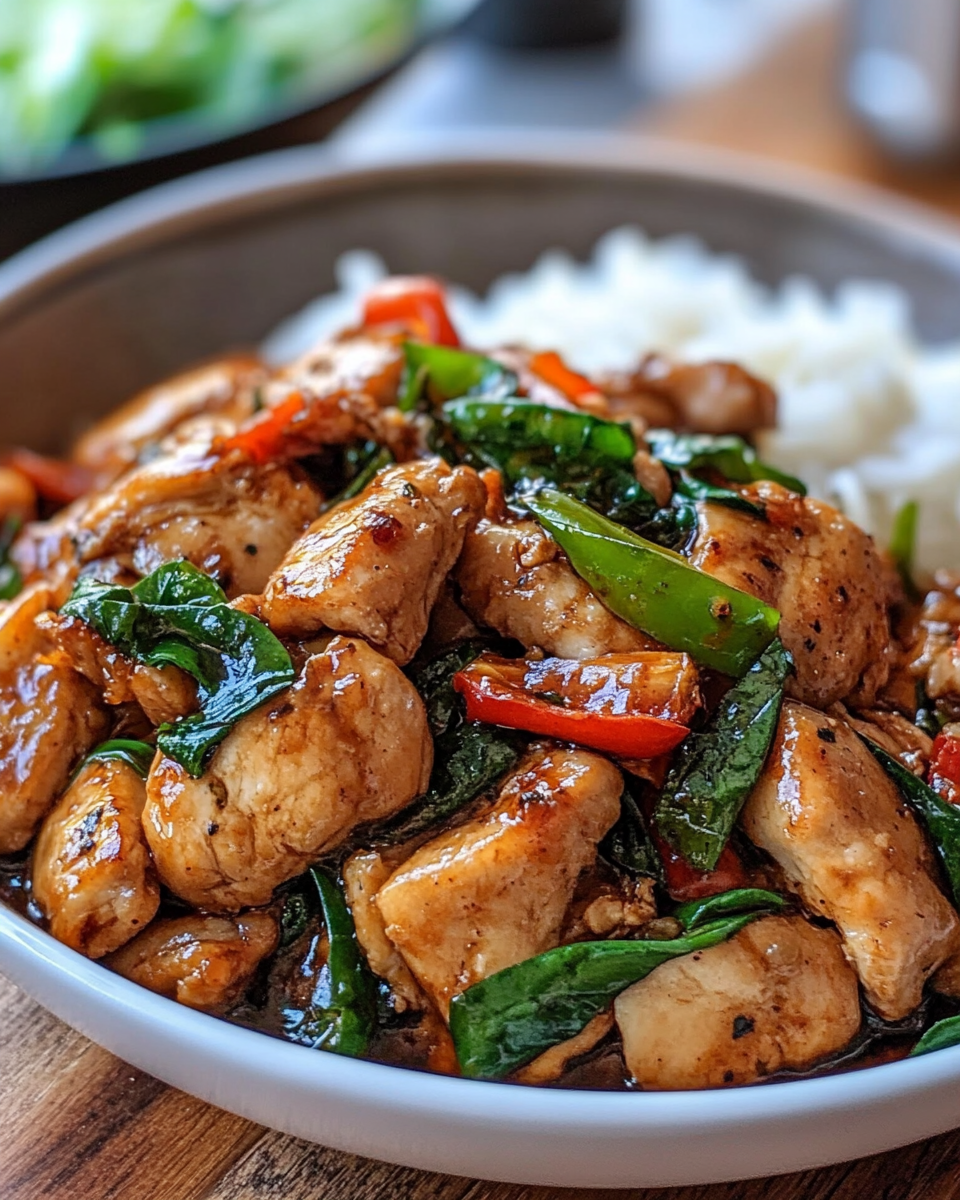 Steaming Thai basil chicken cooking in pressure cooker