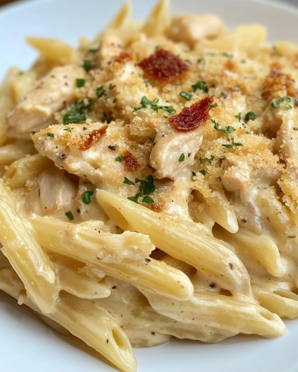 Final plated crack chicken pasta with melted cheese and fresh parsley garnish