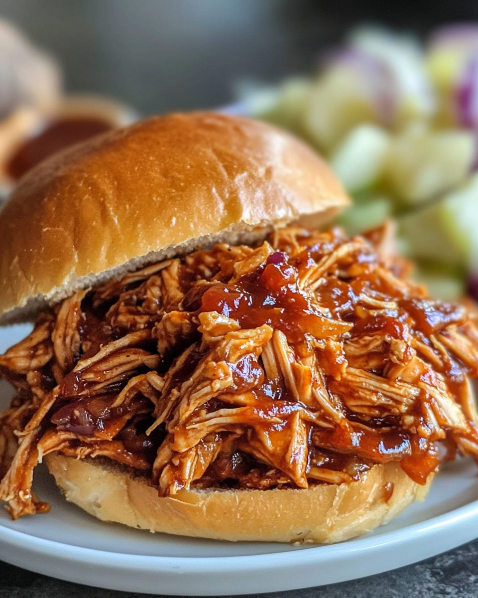 Juicy shredded BBQ chicken served on sandwich bun with fresh parsley garnish