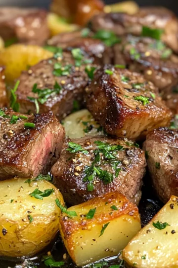 the best garlic steak bites and potatoes recipe taken with iphone 15 pro max --iw 2 --ar 4:5 --v 6.1 --raw