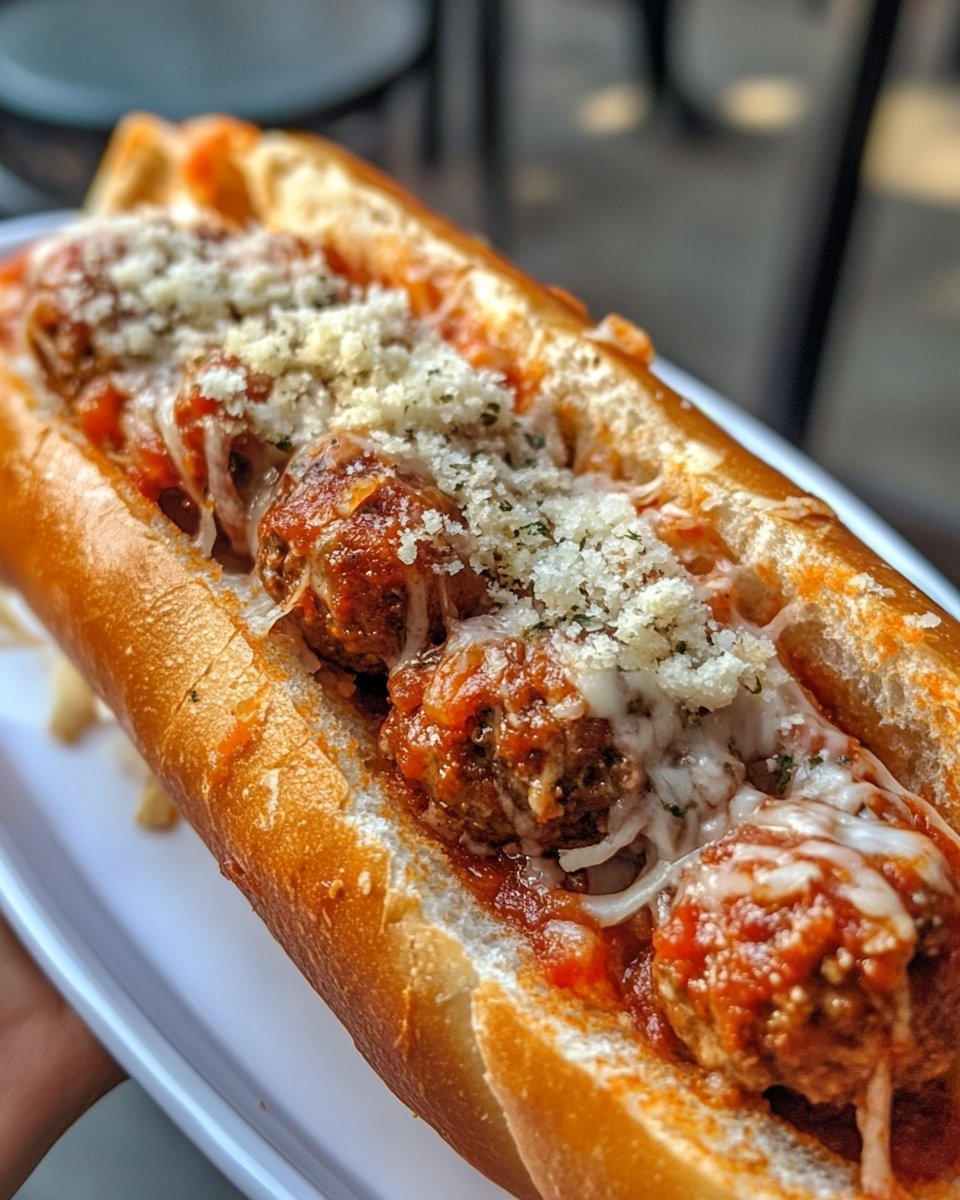 Close up of melted cheese on meatball subs ready to eat