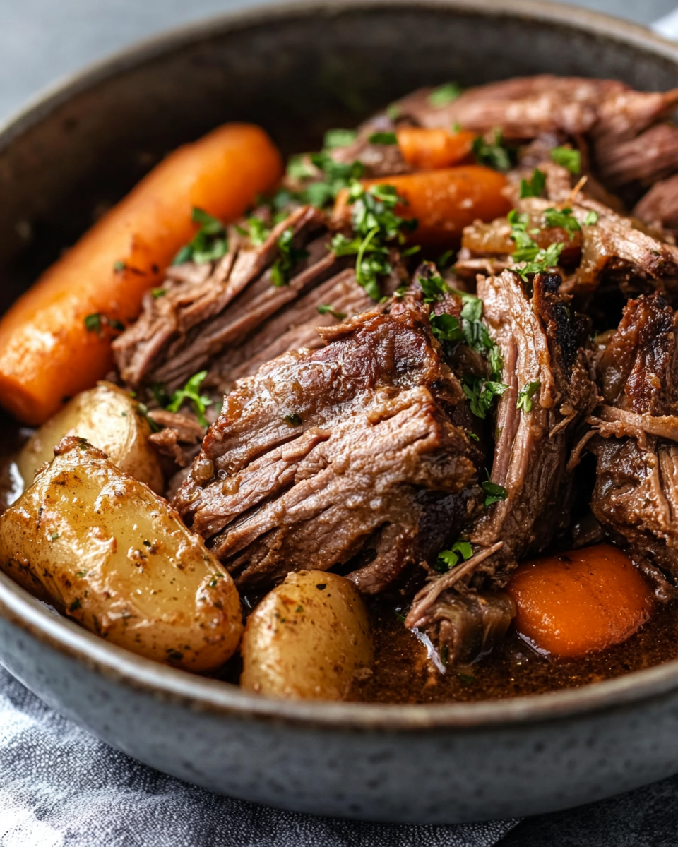 Shredded Mississippi Pot Roast ready to serve with juices in pot