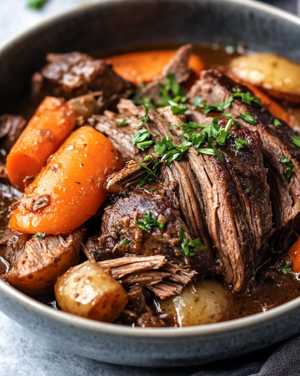 Mississippi Pot Roast cooking in slow cooker with steam rising