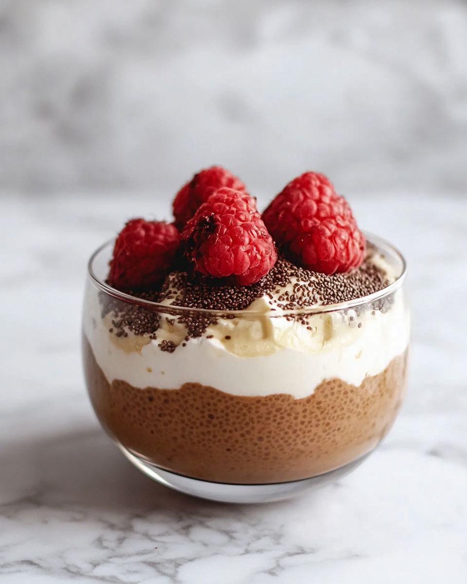 Close-up of tiramisu chia pudding with Greek yogurt and coffee aroma