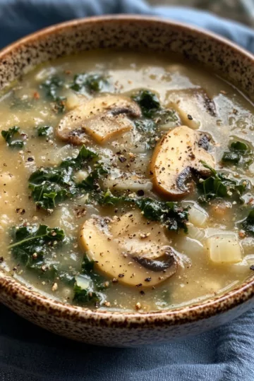 Warming Wild Mushroom, Caramelized Onion And Kale Soup taken with iphone 15 pro max --iw 2 --ar 4:5 --v 6.1 --raw