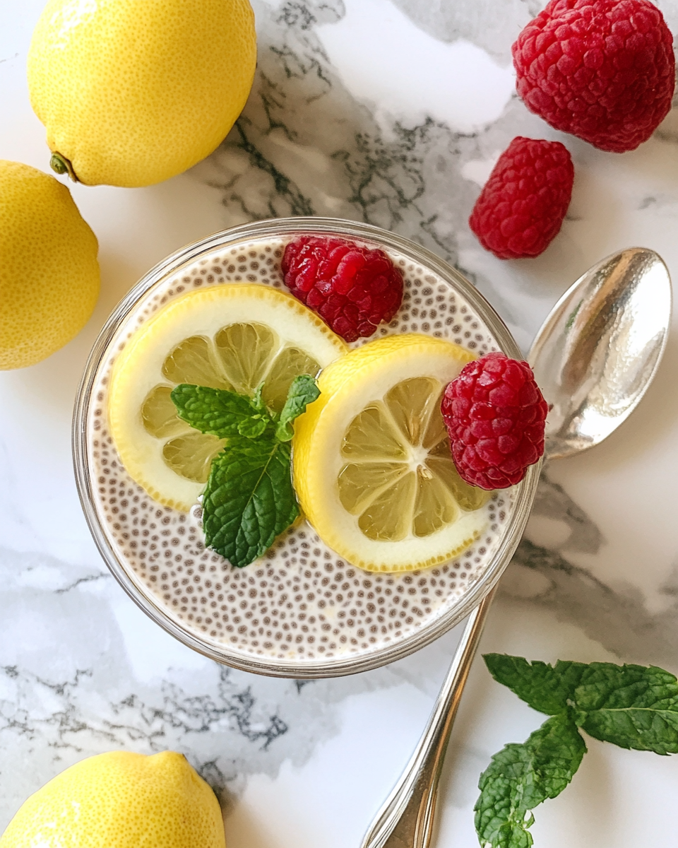 Final creamy lemon chia pudding served in a bowl with toppings