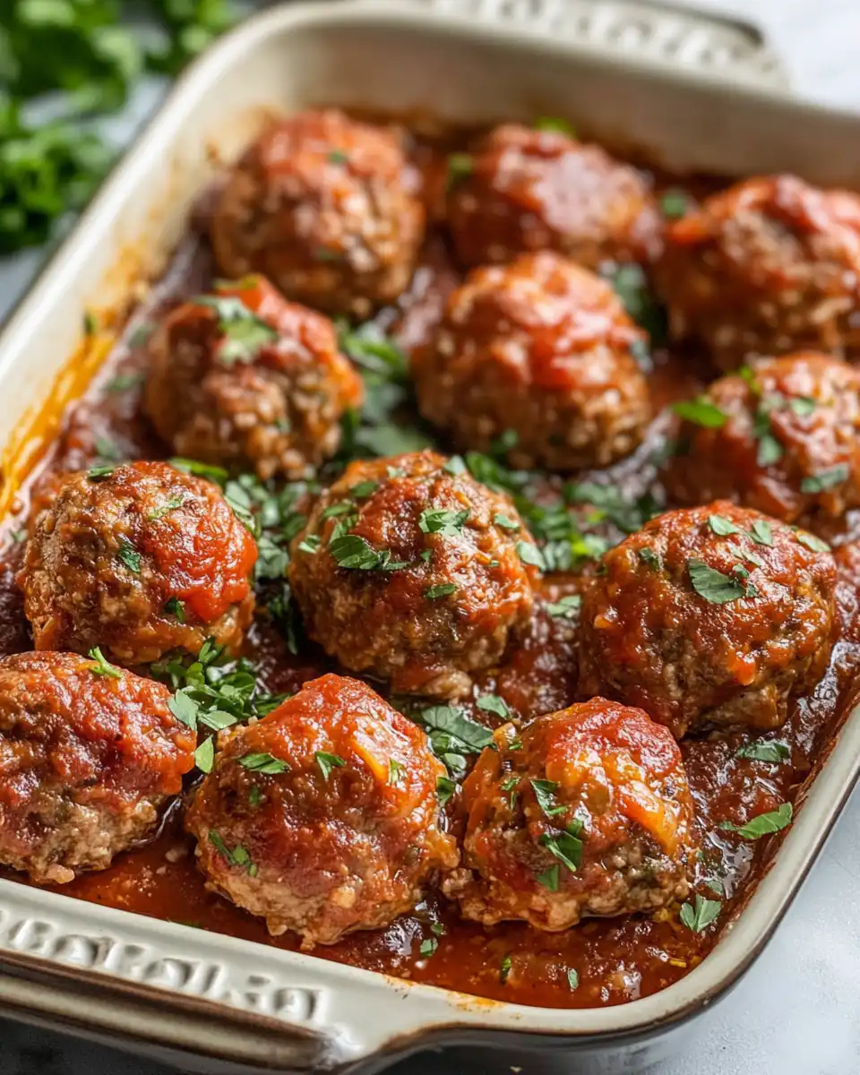 Finished baked ground beef meatballs coated in spicy tomato sauce garnished with basil