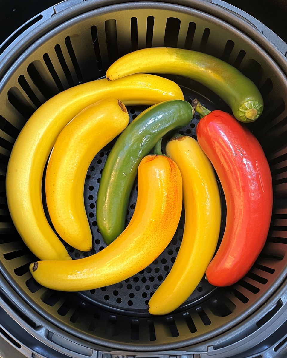 Golden brown crispy air fryer banana peppers ready to serve