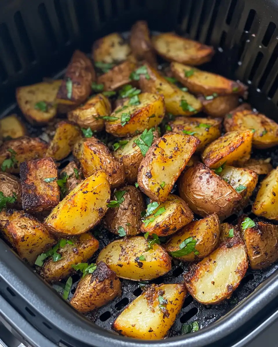 Seasoned potatoes tossed with garlic and spices in a bowl