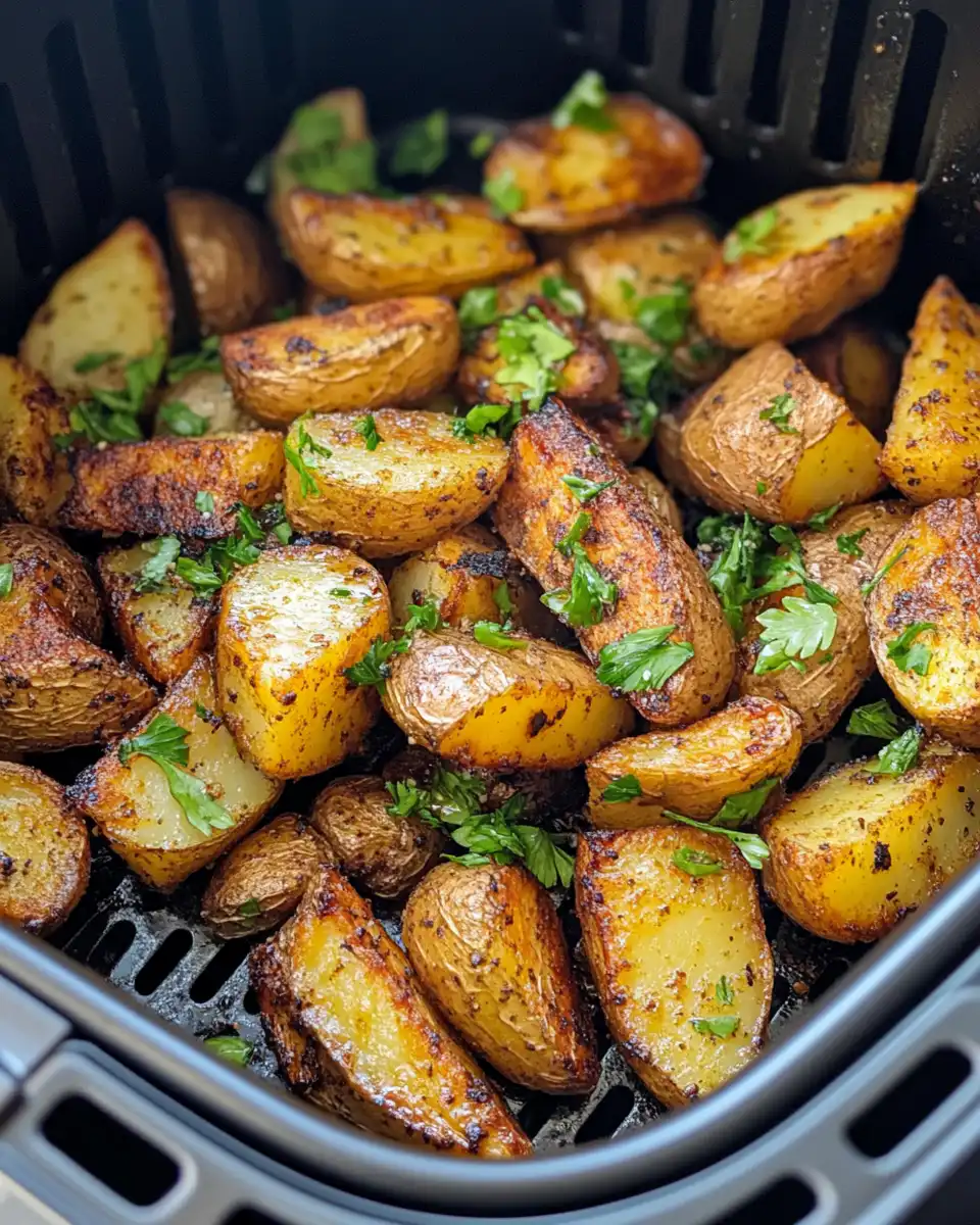Crispy golden air-fried breakfast potatoes on a serving plate