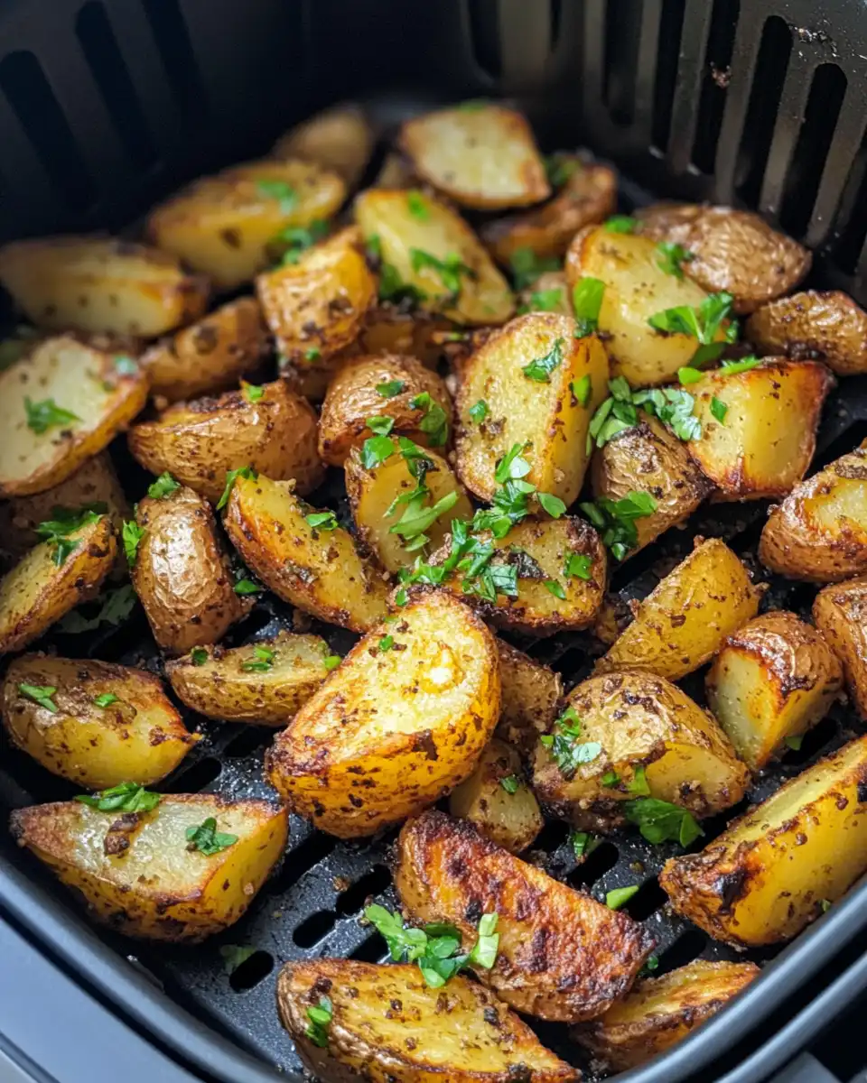 Red potatoes cooking in pressure cooker with steam aroma