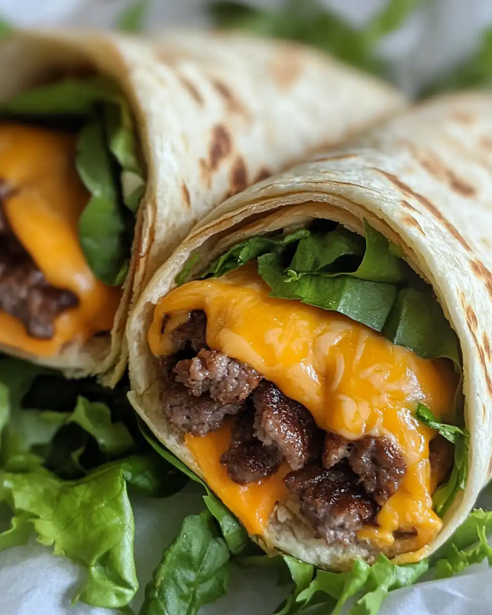 Ingredients for air fryer cheeseburger wraps including ground beef, cheese, pickles, and tortillas