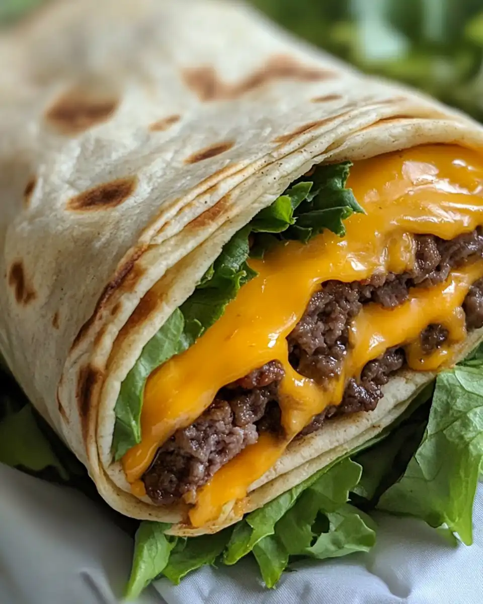 Close-up of air fryer cheeseburger wraps with melty cheese and crispy edges