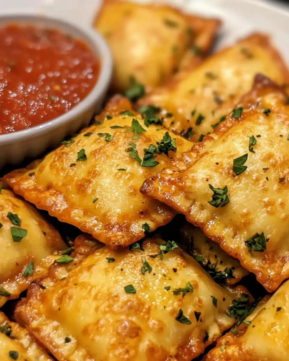 Toasted ravioli served with marinara sauce dipping