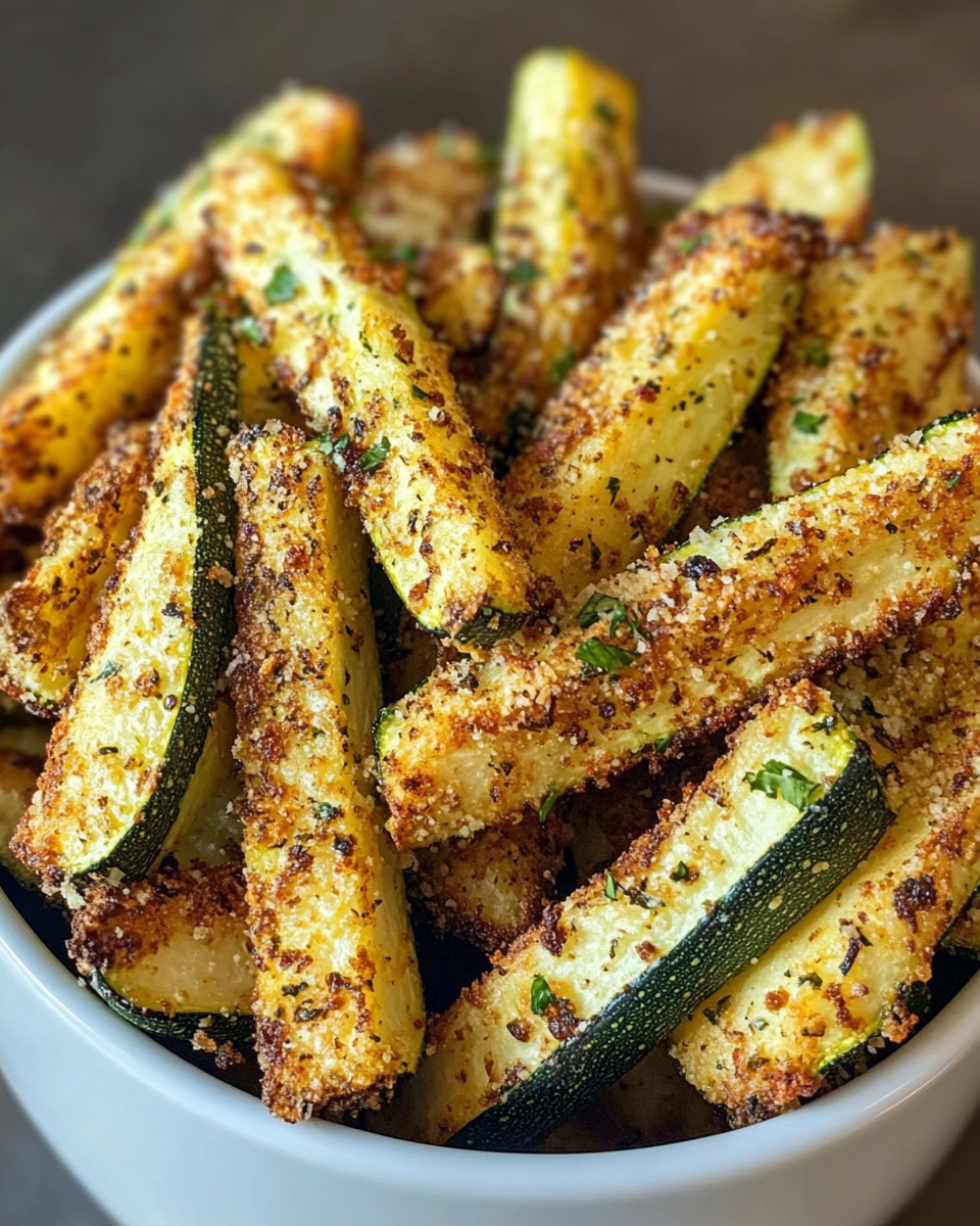 Air fryer cooking basket filled with golden crispy zucchini fries halfway through air frying