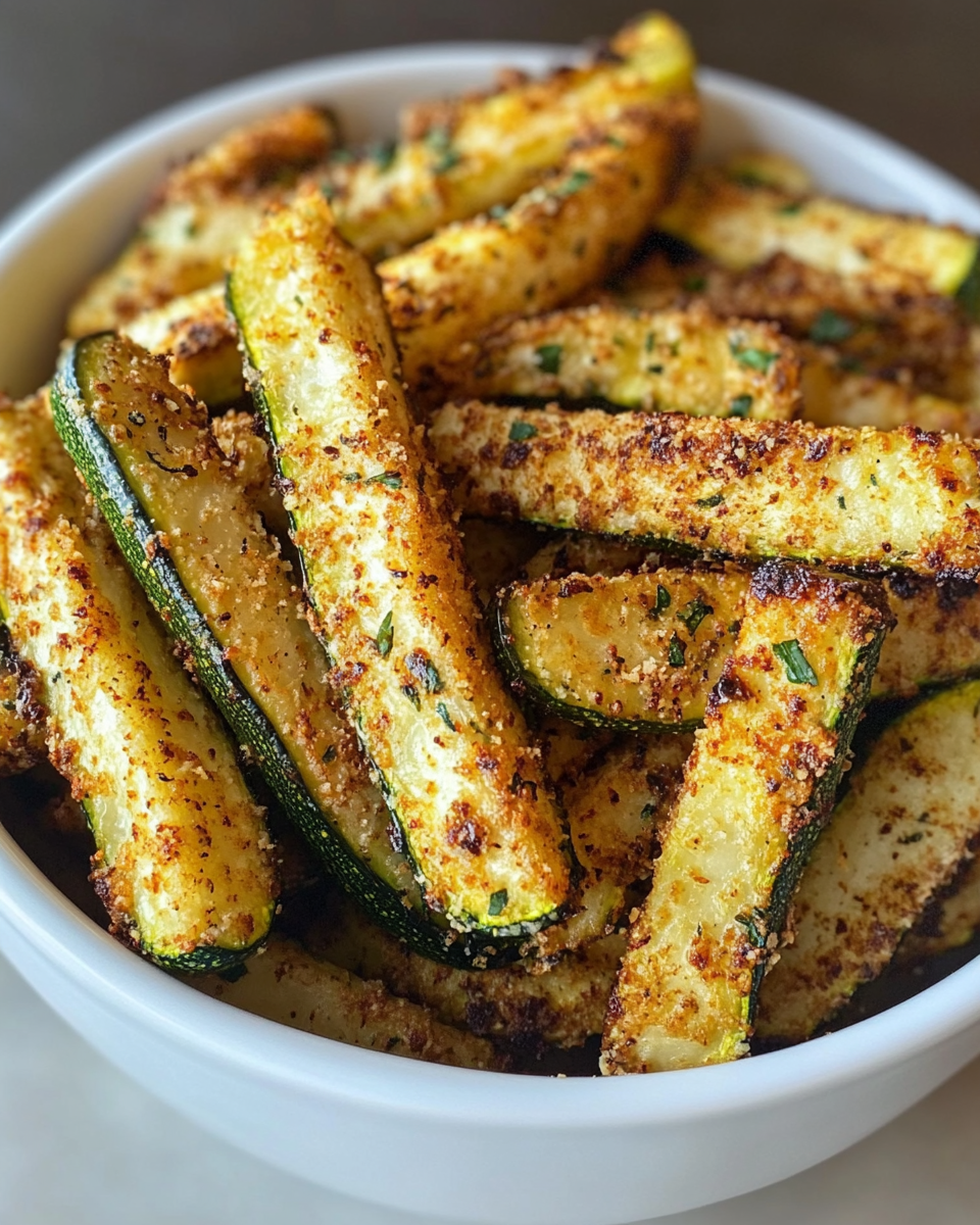 Closeup of crispy golden air fryer zucchini fries fresh out of the fryer