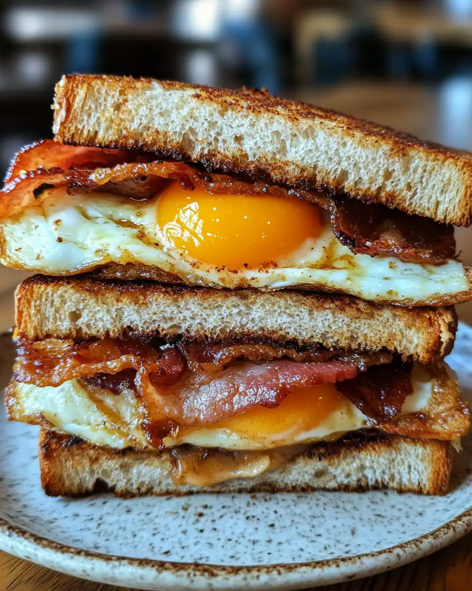 Final cooked apple butter sandwich with eggs and bacon plated and ready to eat