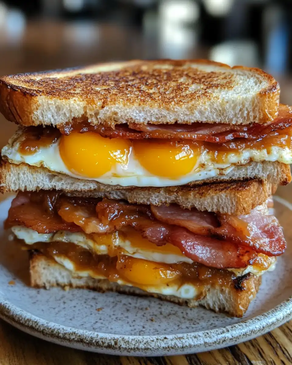 Apple butter sandwich with eggs and bacon in skillet finishing cooking