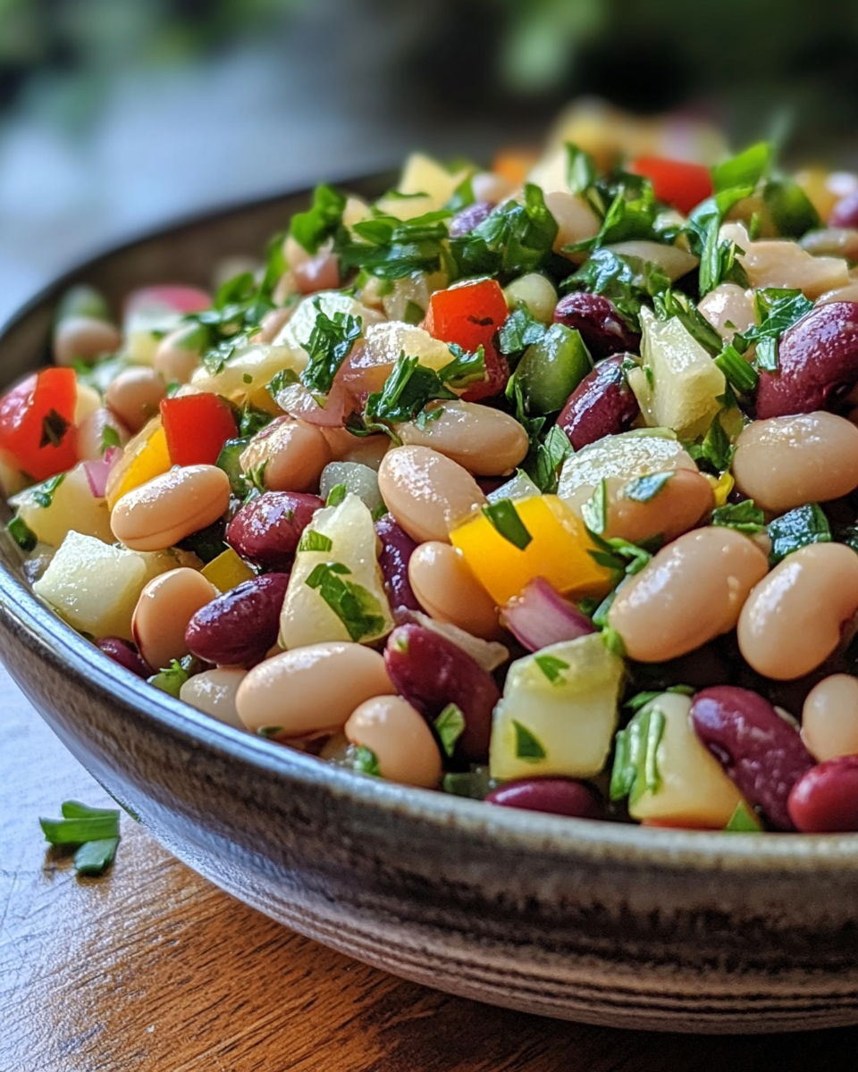 Ingredients for apple cider bean salad including beans, onions, and pepper