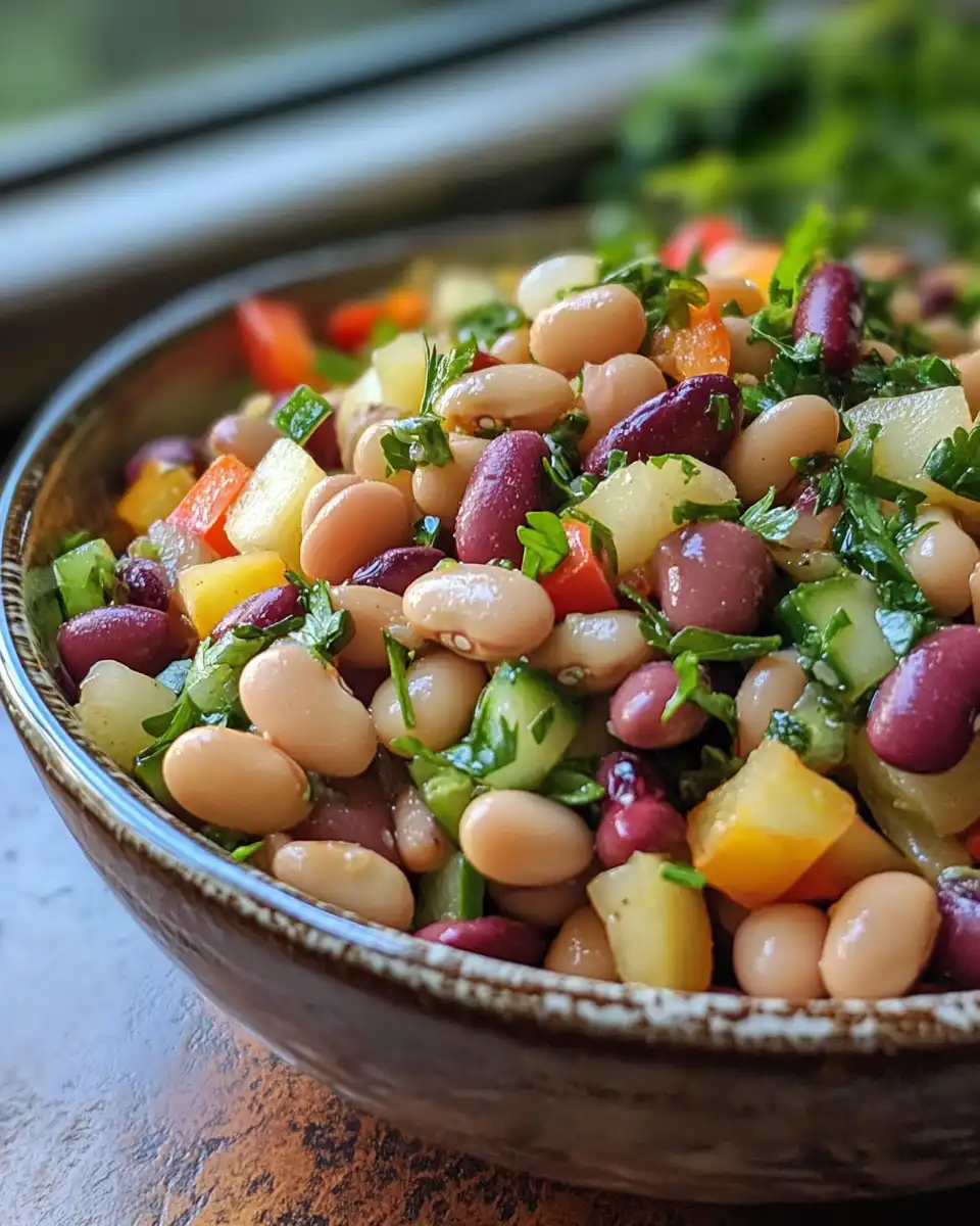 Final apple cider bean salad served in bowl with fresh herbs