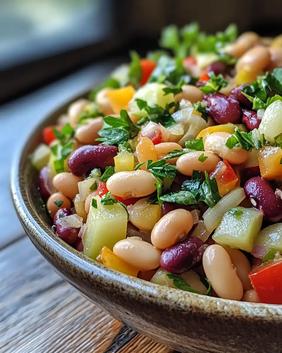 Fresh apple cider bean salad in bowl with vibrant colors