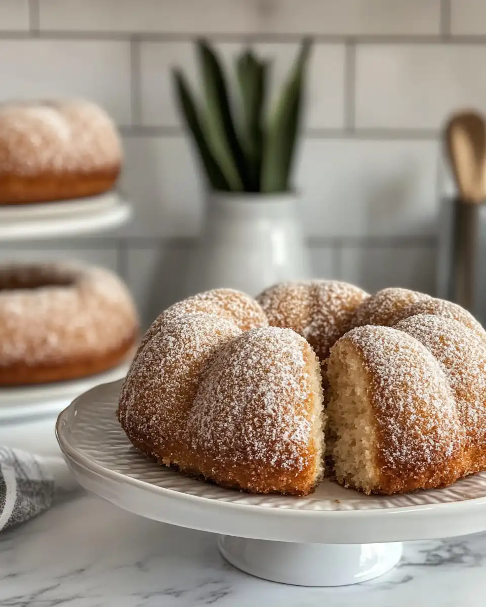 Finished apple cider doughnut cake with cinnamon sugar crust ready to serve