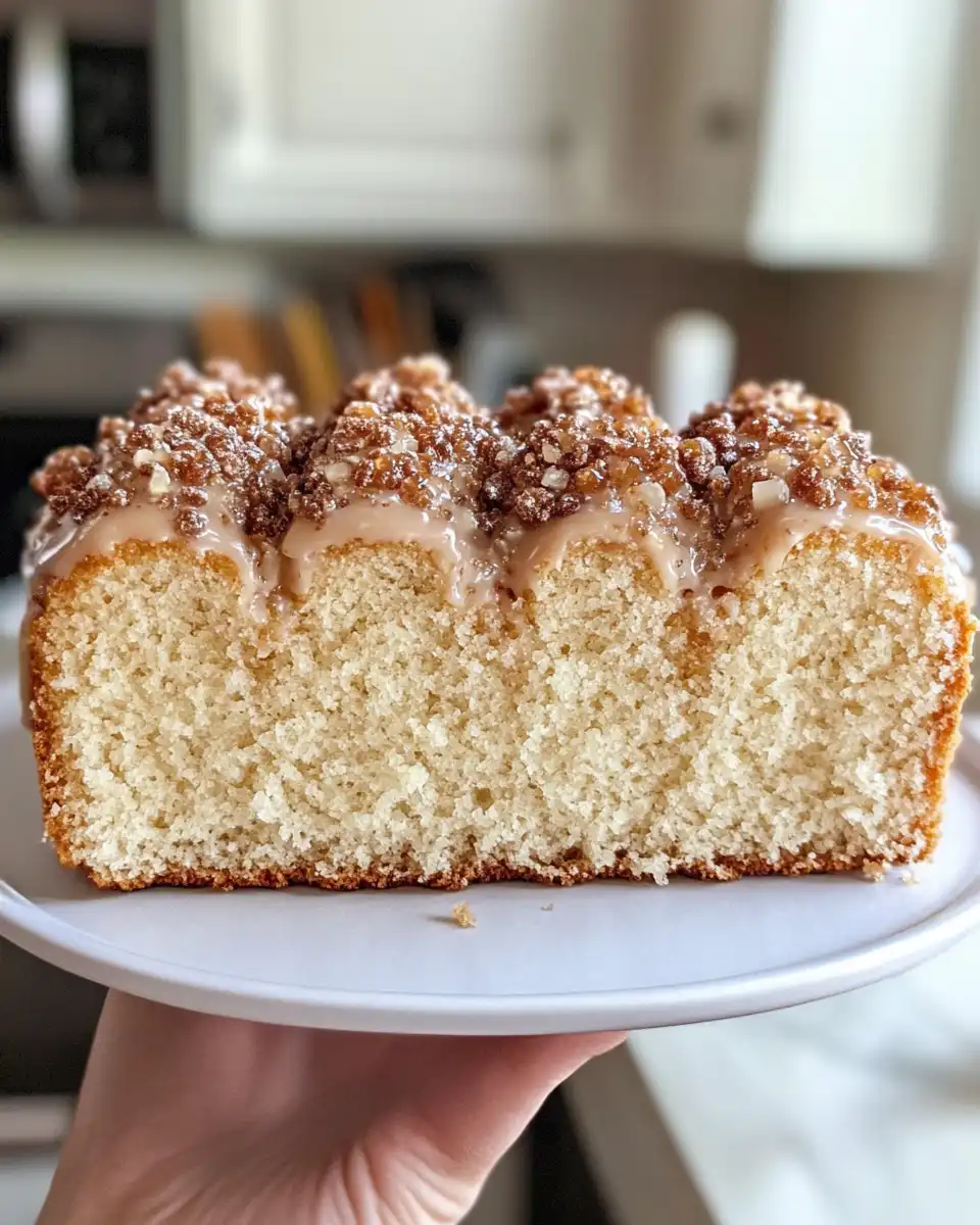 Slice of apple cider doughnut loaf cake showing soft crumb and spices inside