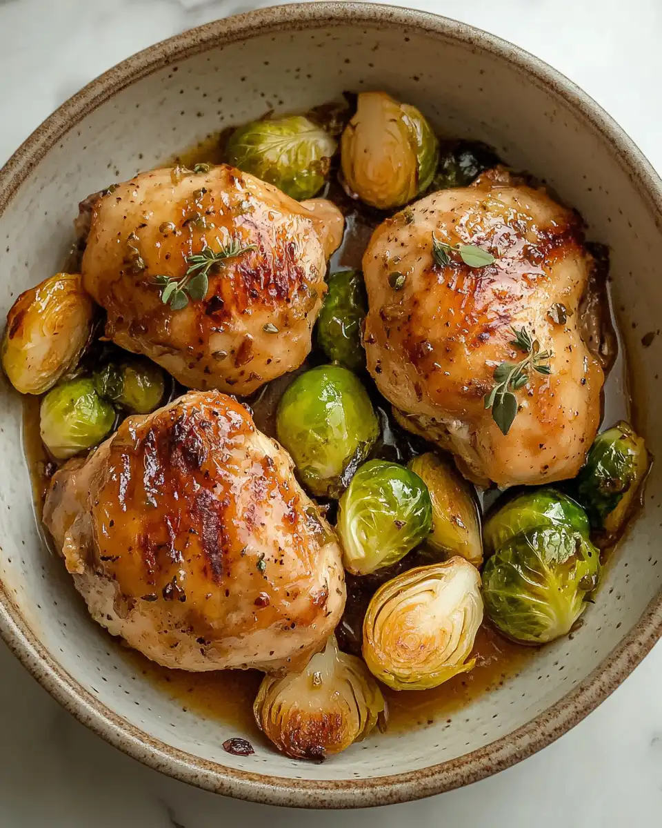 Ingredients for apple cider glazed chicken with Brussels sprouts and garlic on sheet pan