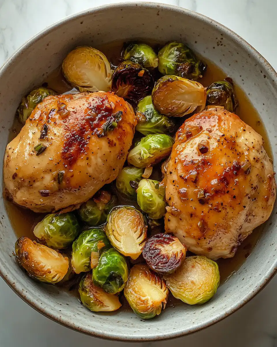 Fully cooked apple cider glazed chicken with roasted Brussels sprouts and garlic plated to serve