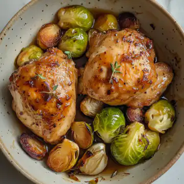 Apple Cider Glazed Chicken, Brussels Sprouts And Garlic taken with iphone 15 pro max --iw 2 --ar 4:5 --v 6.1 --raw