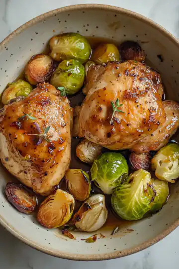 Apple Cider Glazed Chicken, Brussels Sprouts And Garlic taken with iphone 15 pro max --iw 2 --ar 4:5 --v 6.1 --raw