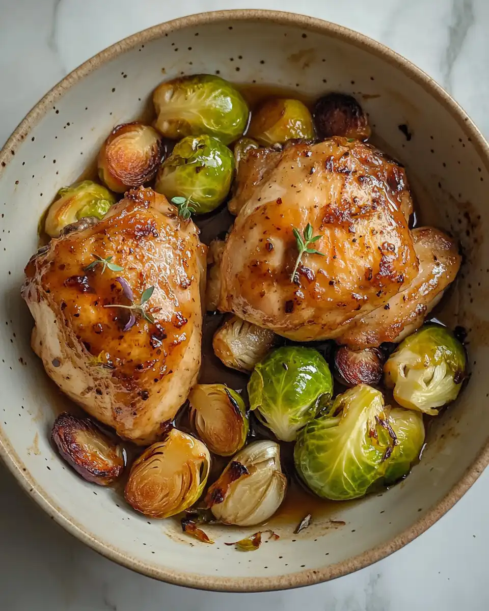 Apple cider glazed chicken thighs with Brussels sprouts and garlic in a sheet pan