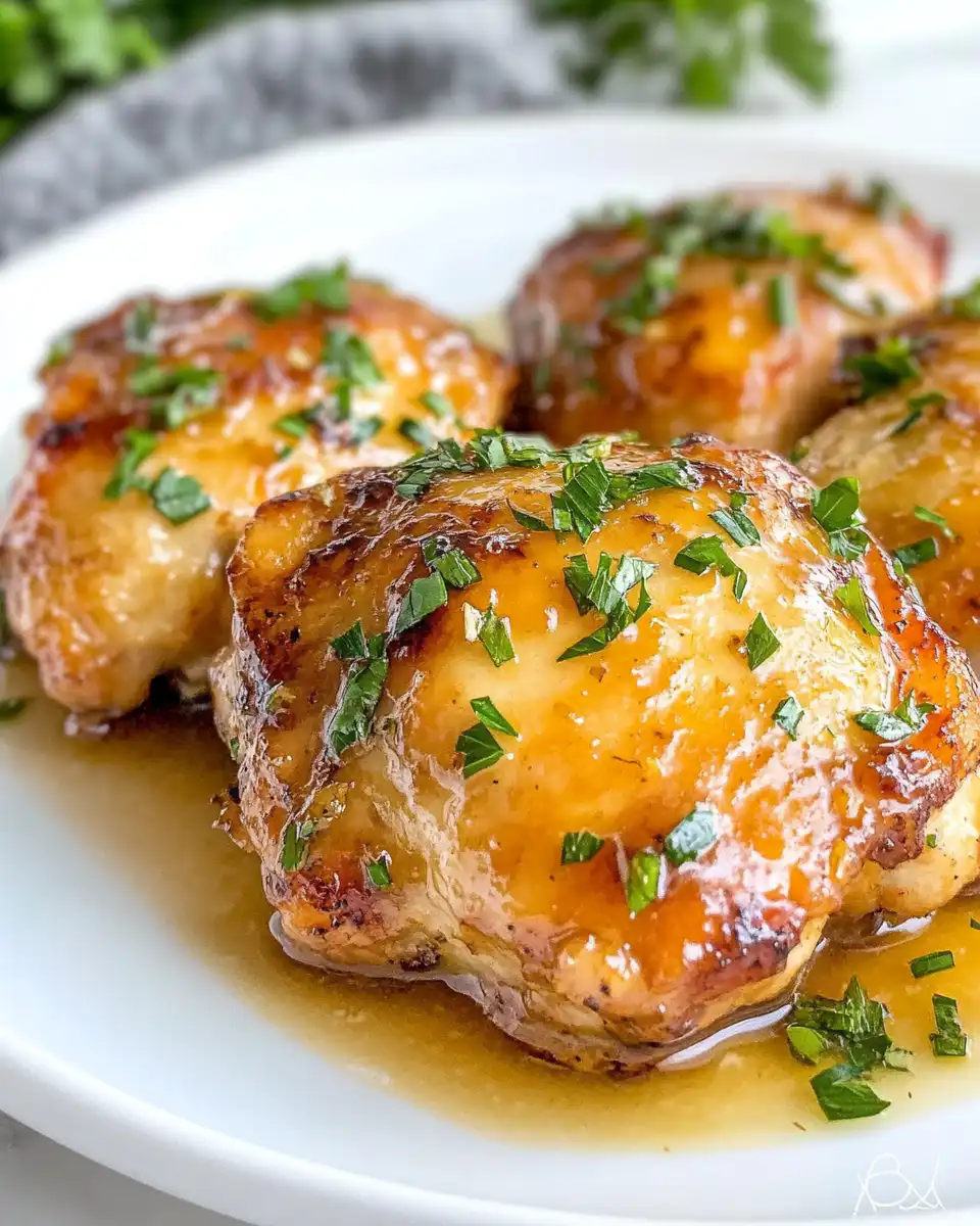 Final plated apple cider glazed chicken thighs with crispy skin and thick glaze