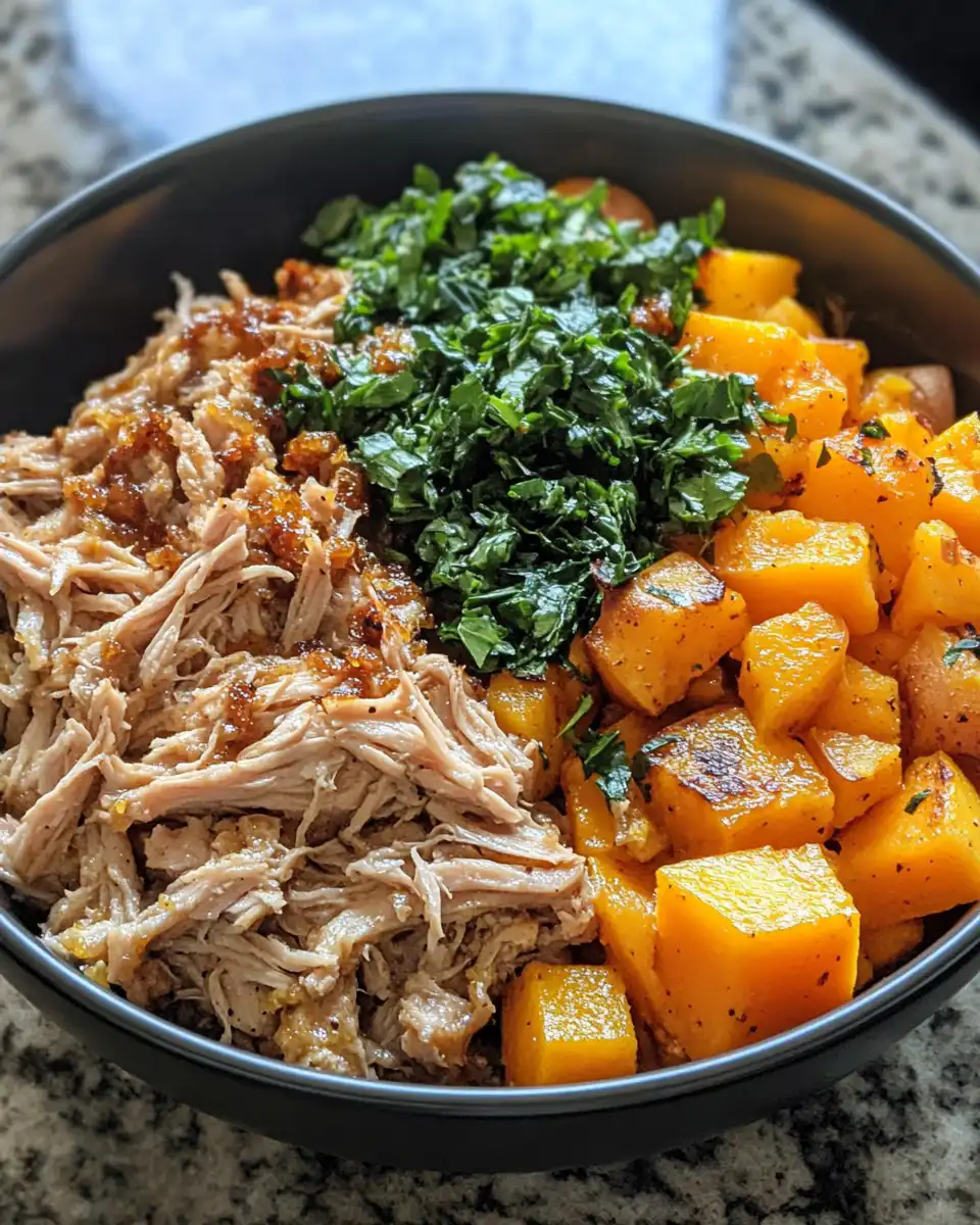 Plated apple cider pulled pork served on mashed sweet potatoes with maple-glazed veggies