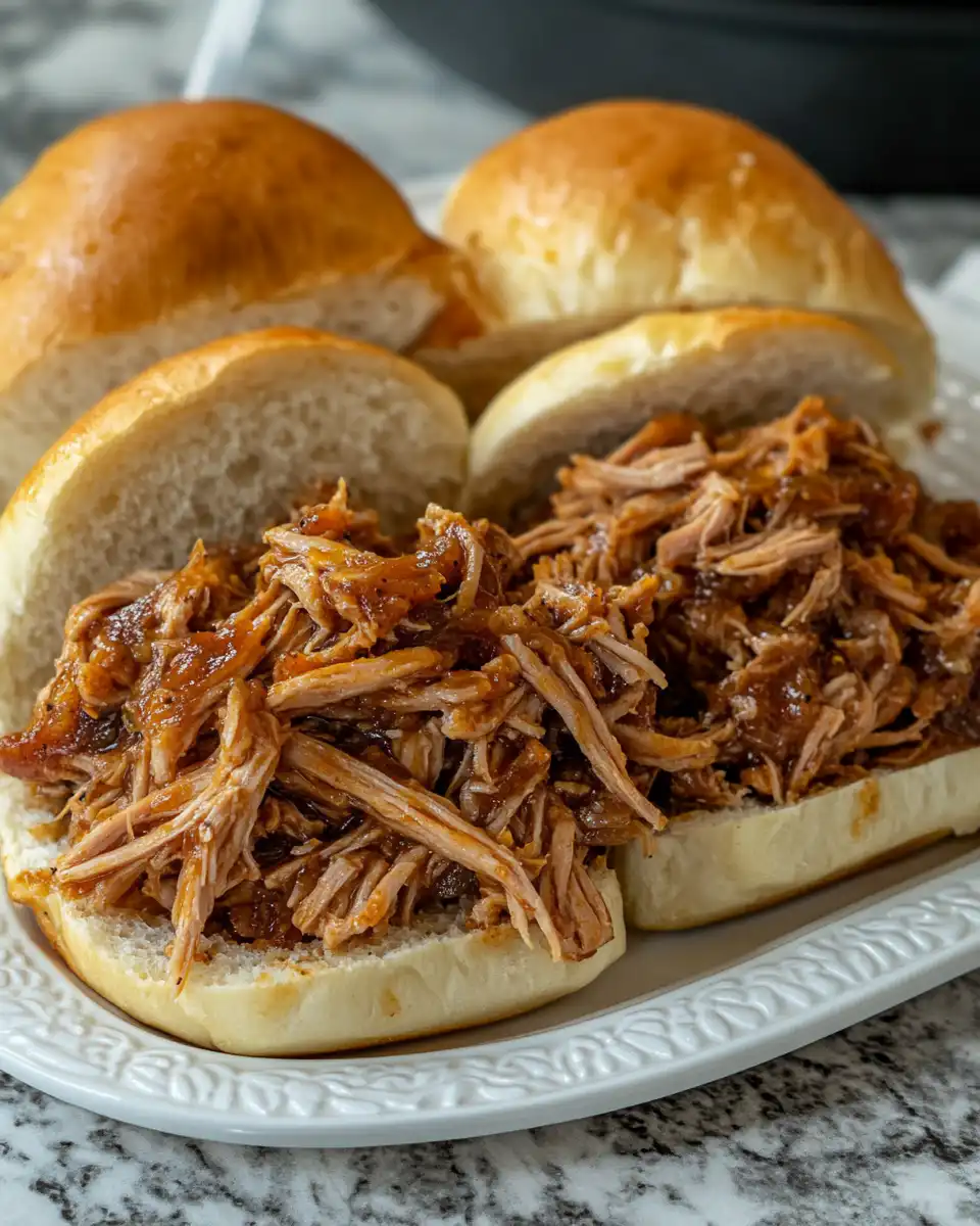Pressure cooker with pulled pork cooking inside, steam rising from the valve