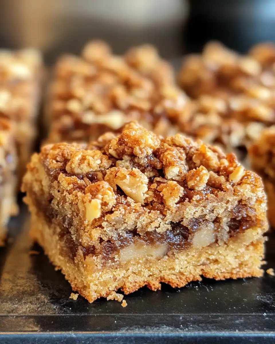 Close-up of the final apple crisp shortbread bars with a crispy golden top