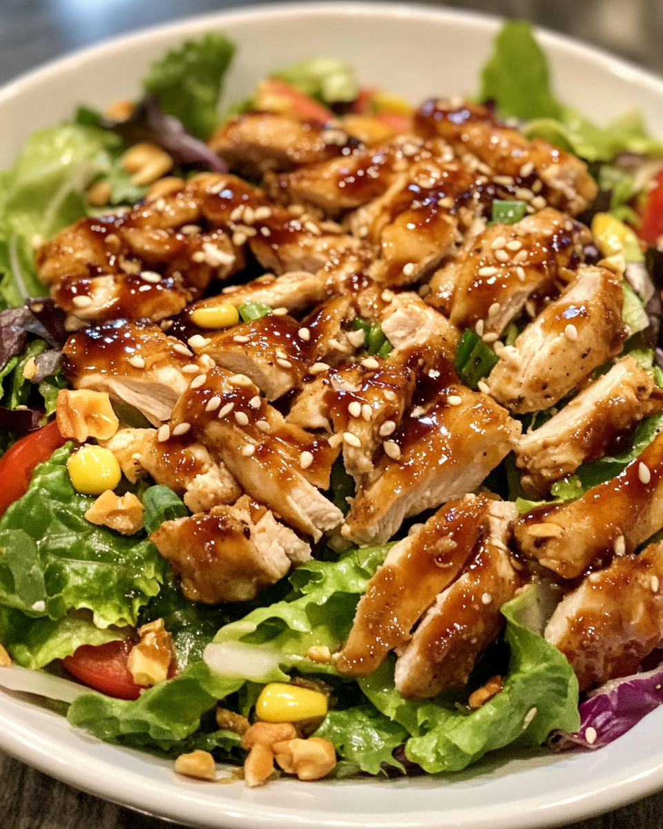 Final plated Asian chicken salad with crispy chicken and crunchy toppings
