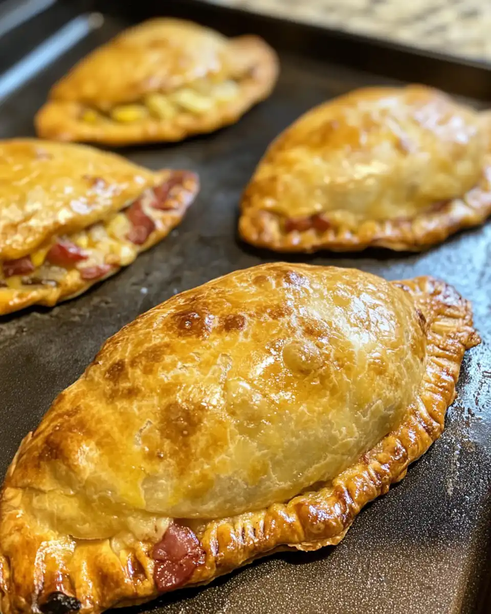 Final golden brown bacon and egg empanadas plated and ready to serve